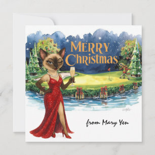 Golf Christmas themed for Woman Cat Lovers Holiday Card