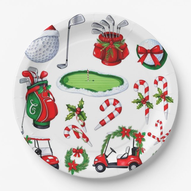 Golf Christmas themed Golfer watercolor Holiday Paper Plate (Front)