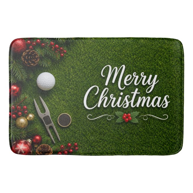 Golf Christmas themed on green grass Bath Mat (Front)