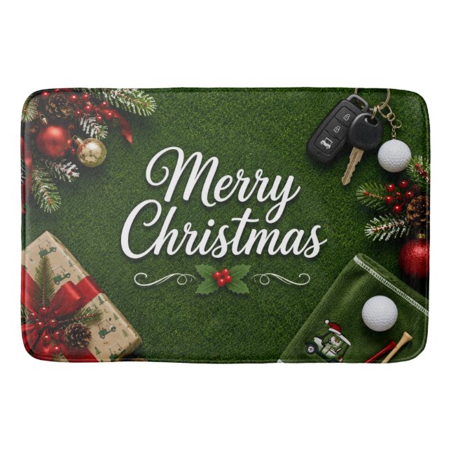 Golf Christmas themed on green grass Bath Mat (Front)