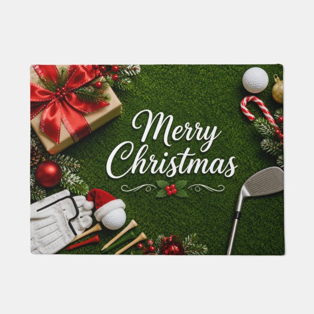Golf Christmas themed on green grass Doormat (Front)
