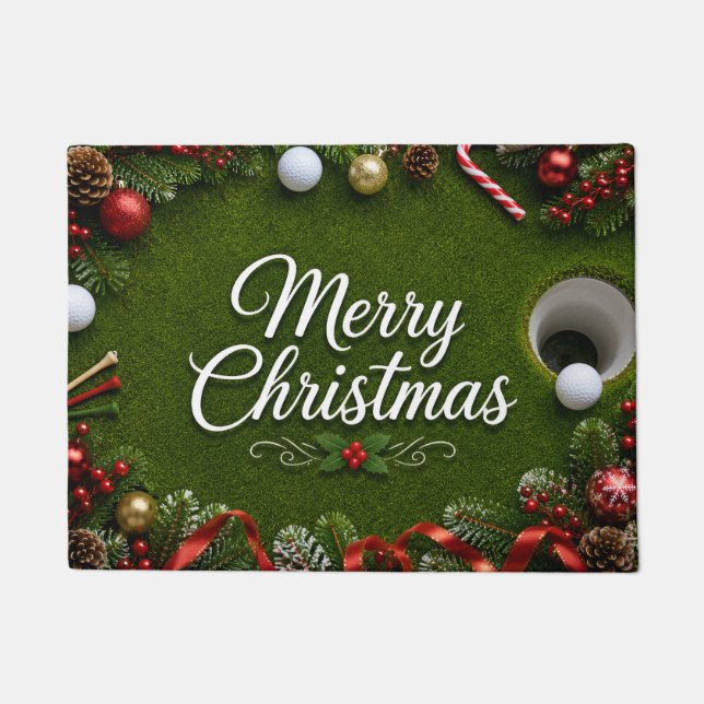 Golf Christmas themed on green grass Doormat (Front)