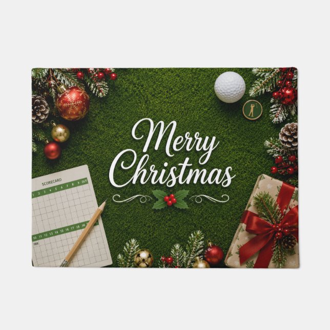 Golf Christmas themed on green grass Doormat (Front)