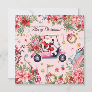 Golf Christmas themed Santa drive Pink golf cart Holiday Card