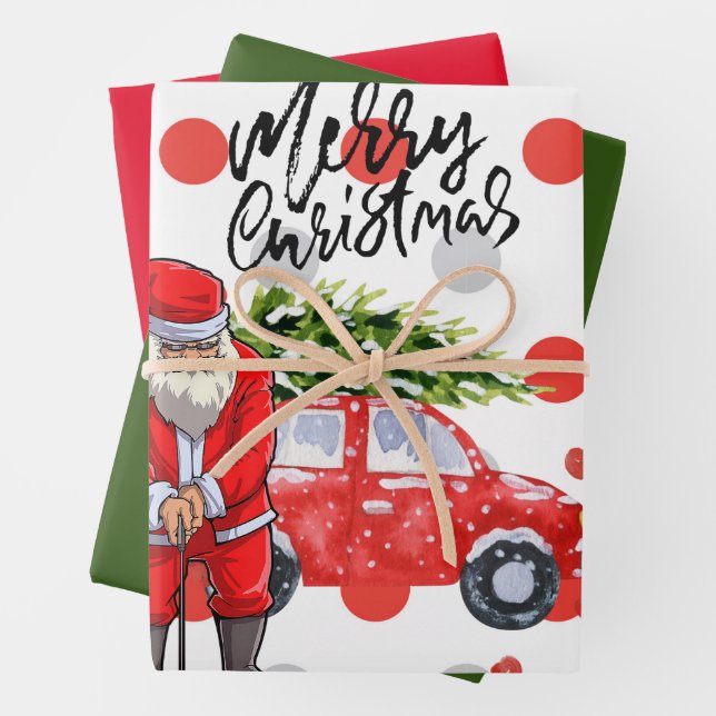 Golf Christmas tree on red car   with Santa Claus  Wrapping Paper Sheet (In situ)
