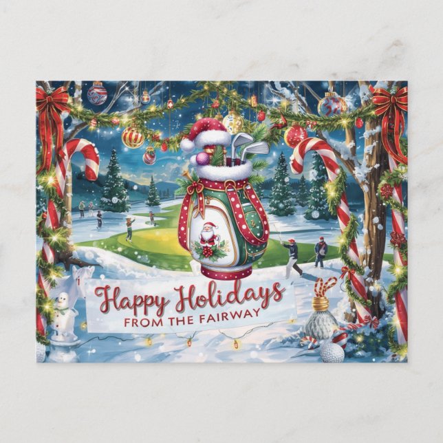 Golf Christmas with Golf bag on green Postcard (Front)