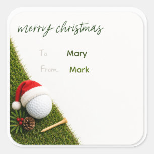 Golf Christmas with golf ball santa hat on green Square Sticker