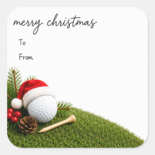 Golf Christmas with golf ball santa hat on green Square Sticker