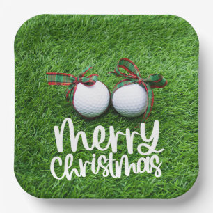 Golf Christmas with golf balls ribbon on green Paper Plate