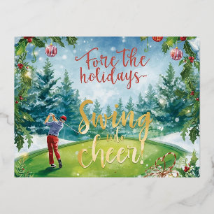 Golf Christmas with Golfer on Green under snow Foil Holiday Postcard