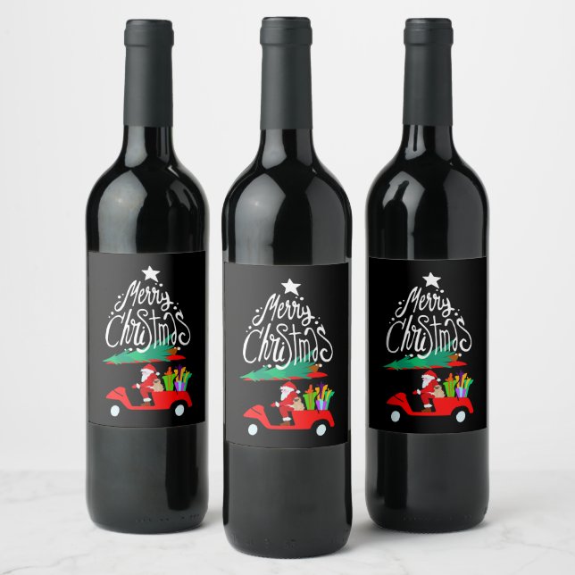 Golf Christmas with Santa Claus and Golf cart Wine Label (Bottles)