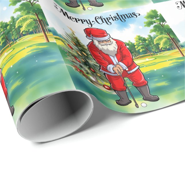 Golf Christmas with Santa Claus at golf course Wrapping Paper (Roll Corner)