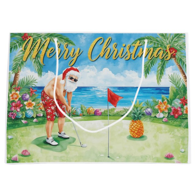 Golf Christmas with Santa Claus in Hawaii Large Gift Bag (Front)