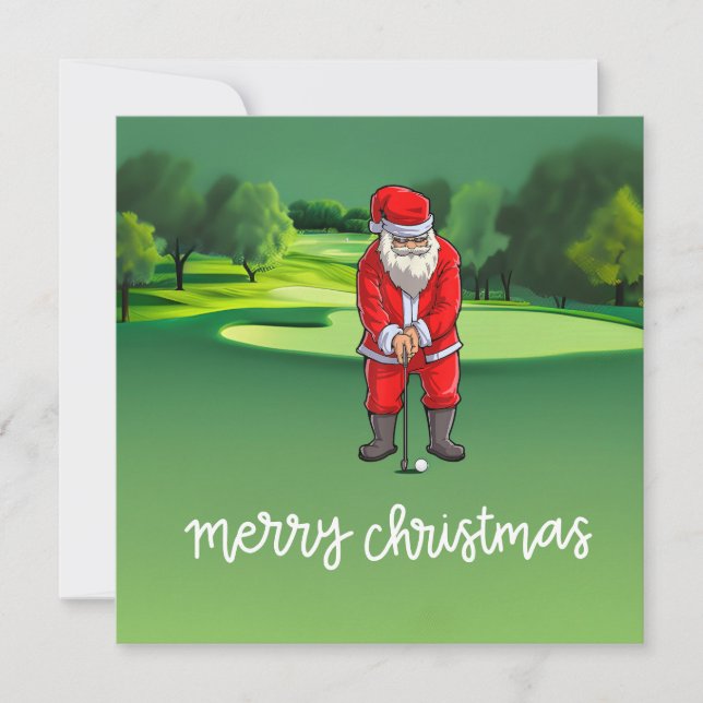 Golf Christmas with Santa Claus on golf course Holiday Card (Front)