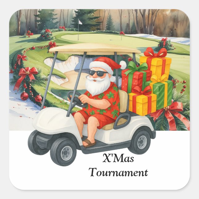Golf Christmas with Santa Claus on Green Square Sticker (Front)