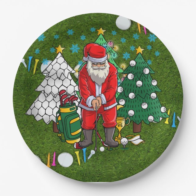 Golf Christmas with Santa Claus with golf ball   Paper Plate (Front)