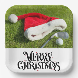 Golf Christmas with Santa Hat on Green Paper Plate