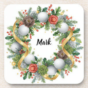 Golf Christmas Wreath with Golfer Name Coaster