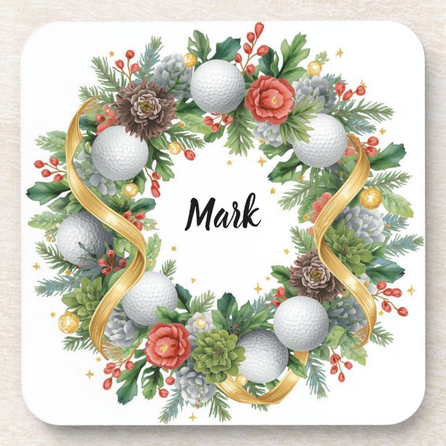 Golf Christmas Wreath with Golfer Name Coaster (Front)