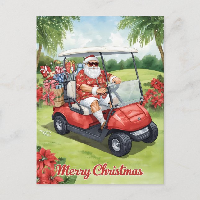  Golf ChristmasSanta driving golf cart Holiday Postcard (Front)