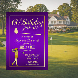 Golf Classic Purple Golden Woman's 60th Birthday Invitation