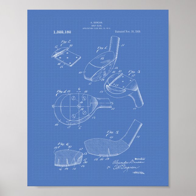 Golf Club 1919 Patent Art - Blueprint Poster (Front)