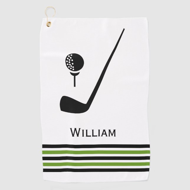 Golf club and ball black and green stripes towel (Front)