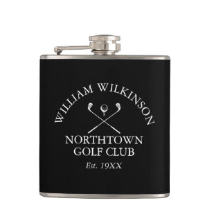 Golf Club And Member Name Black And White Hip Flask