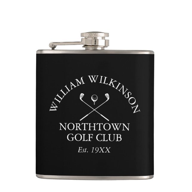 Golf Club And Member Name Black And White Hip Flask (Front)