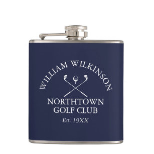 Golf Club And Member Name Navy Blue Hip Flask