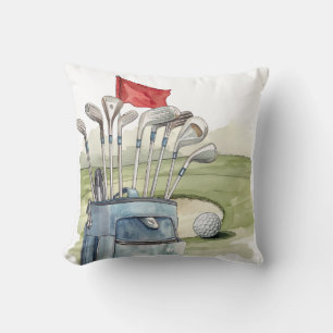 Golf club on golf course watercolor cushion