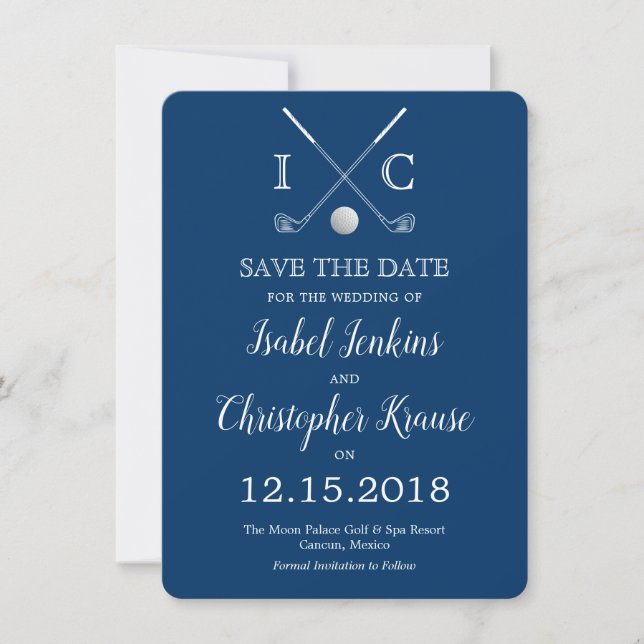 Golf Clubs Blue Monogram Wedding Save the Dates Date (Front)