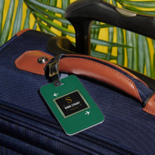 Golf Clubs, Name & Initial on green monogrammed Luggage Tag