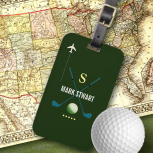 Golf clubs, name + initial on green monogrammed luggage tag