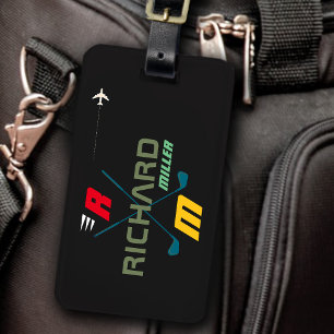 golf clubs, name & initials on black monogrammed luggage tag
