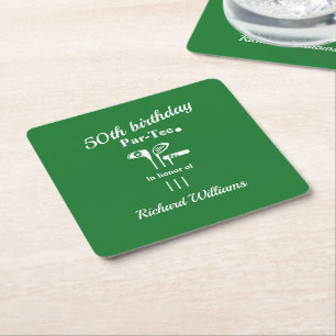 Golf Clubs Par Tee Green White Men's 50th Birthday Square Paper Coaster