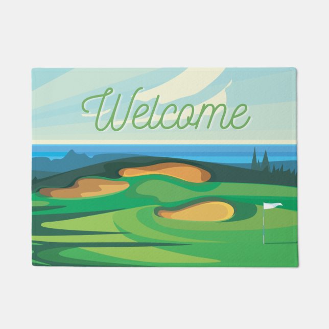 Golf course beautiful watercolor welcome golfer's  doormat (Front)