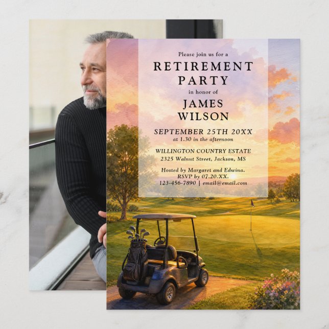 Golf Course Buggy Retirement Party Photo Invitation (Front/Back)