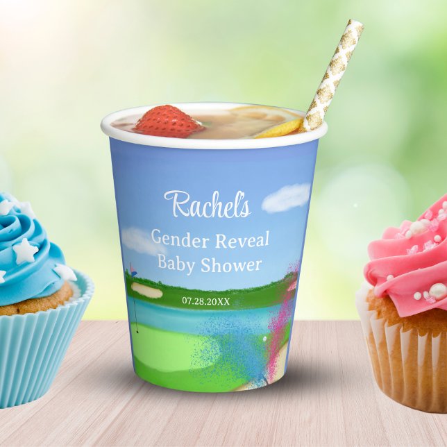 Golf Course Bunker Gender Reveal Baby Shower Paper Cups (Fore-tastic Gender Reveal! Watch as the golfer in the bunker unveils the blue or pink surprise. )
