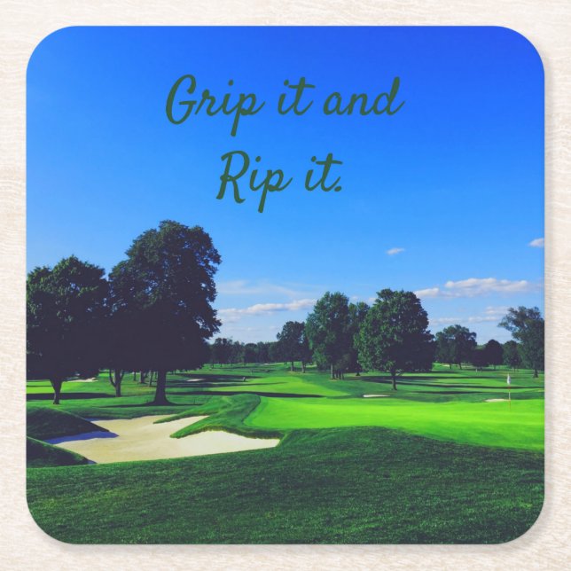Golf Course Grip it and Rip it Square Paper Coaster (Front)