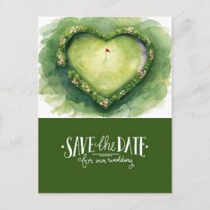 Golf course heart shape save the date for wedding postcard