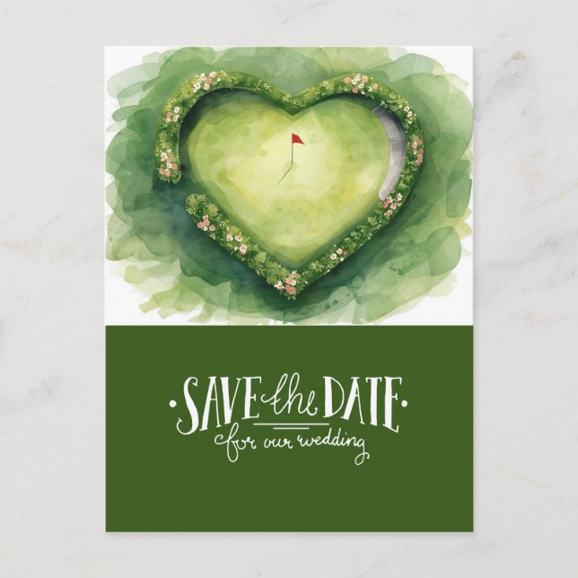 Golf course heart shape save the date for wedding  postcard (Front)
