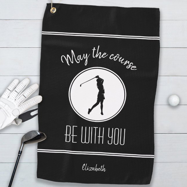 Golf Course Lady Golfer Monogram Pro Modern Black Towel (Creator Uploaded)