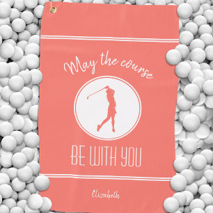 Golf Course Lady Golfer Monogram Pro Modern Coral Golf Towel