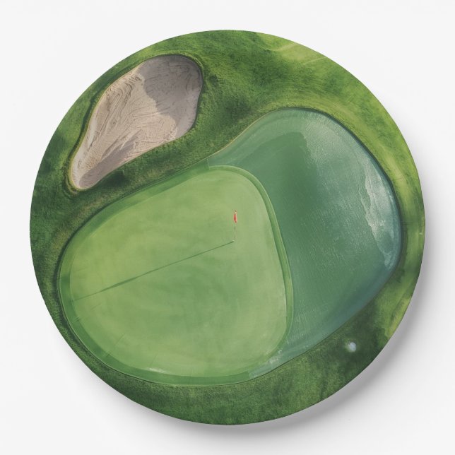 Golf Course with bunker and putting green Paper Plate (Front)