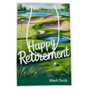 Golf course with text Happy Retirement on green Medium Gift Bag
