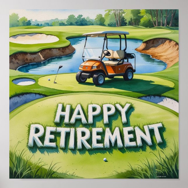 Golf course with text Happy Retirement on green  Poster (Front)