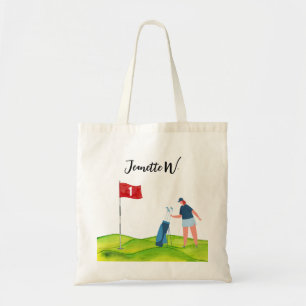 Golf course with woman golfer tote bag