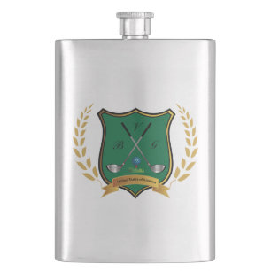 GOLF Crest with Laurel Wreath and Clubs Flask