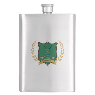 GOLF Crest with Laurel Wreath and Clubs Hip Flask